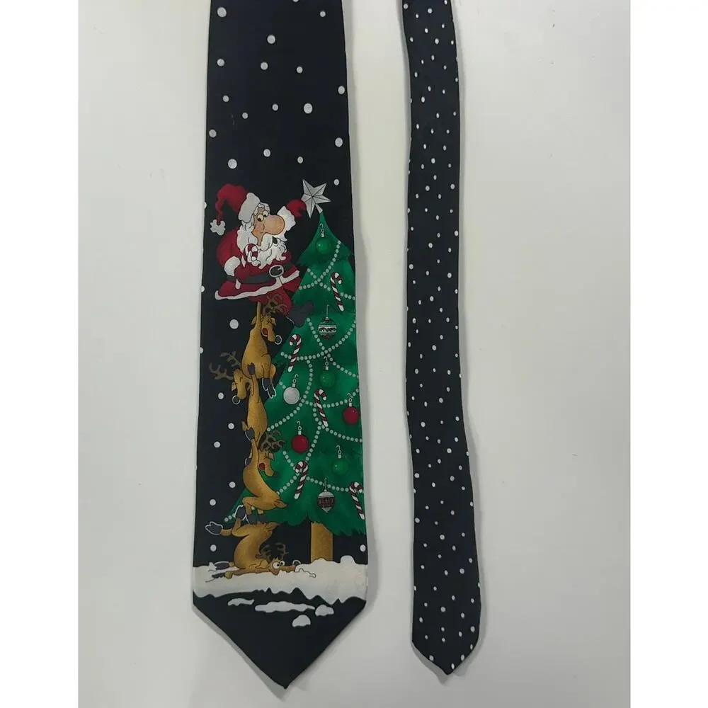 Hallmark Mens Neck Tie Holiday Christmas Black Dotted Santa Tree